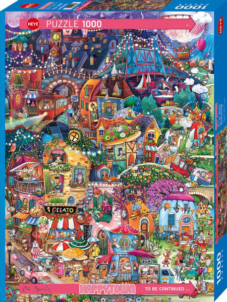 Jigsaw puzzle box featuring a colorful illustration of a town named 'Happytown' with various buildings and activities.