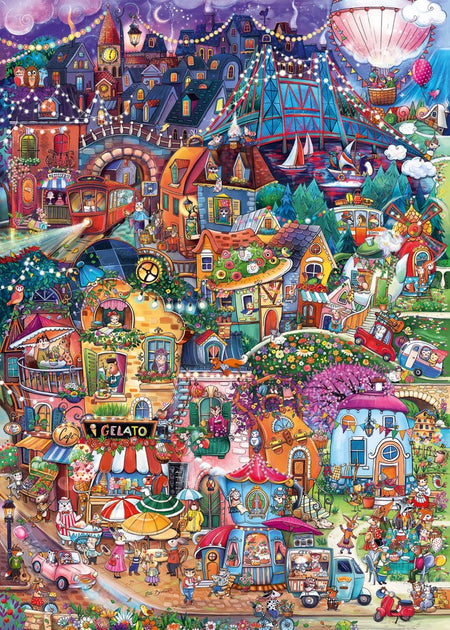 Colorful heye good evening jigsaw puzzle of a bustling village with various buildings and activities