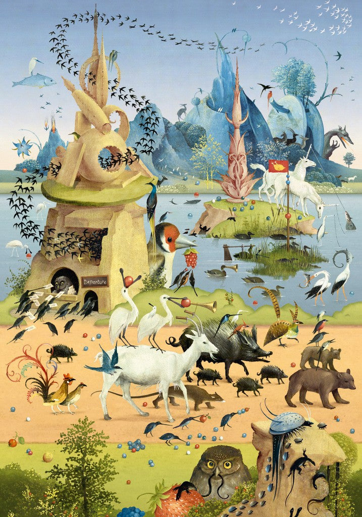 Heye Take Trip with Hieronymus Bosch colorful 500-piece jigsaw puzzle depicting characters and scenes from Hieronymus Bosch's iconic paintings.