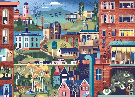 heye 1000-piece jigsaw puzzle depicting a hitchcock scenes with many details including buildings, trees, and a person on a ladder.