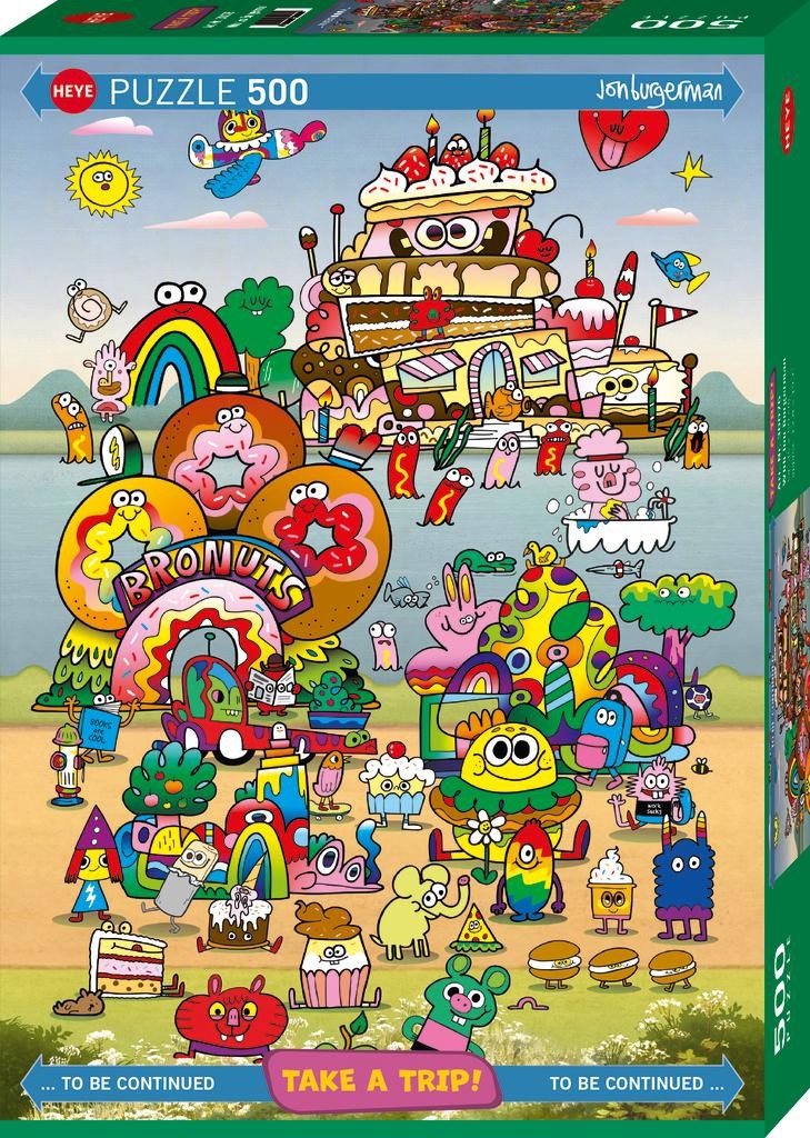 Colorful puzzle box with cartoon characters and a rainbow, featuring the brand 'Heye'.