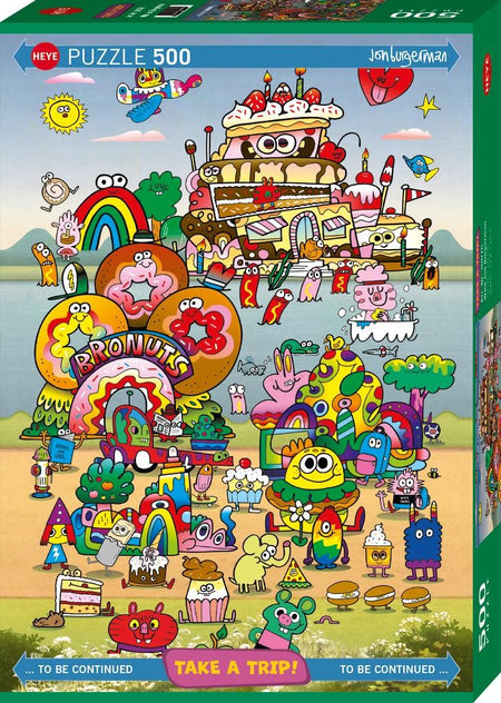 Colorful puzzle box with cartoon characters and a rainbow, featuring the brand 'Heye'.