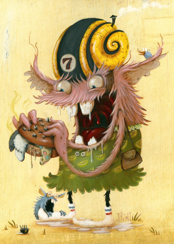 Heye Junk Food, 1000-piece jigsaw puzzle. A colorful illustration of a whimsical monster character with a gross food