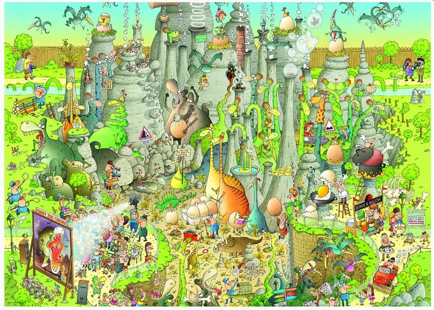 A heye 1000-piece jigsaw puzzle depicting jurassic creatures in their natural habitat with various playful activities shown.