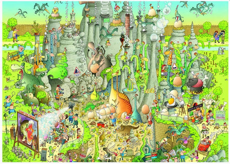 A heye 1000-piece jigsaw puzzle depicting jurassic creatures in their natural habitat with various playful activities shown.