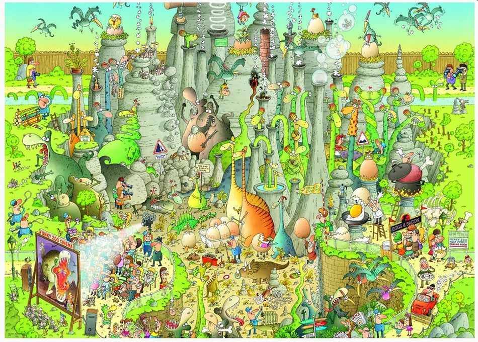 A heye 1000-piece jigsaw puzzle depicting jurassic creatures in their natural habitat with various playful activities shown.