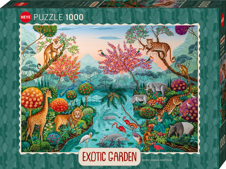 HEYE puzzle box for 'Exotic Garden' with colorful illustration of animals and plants.