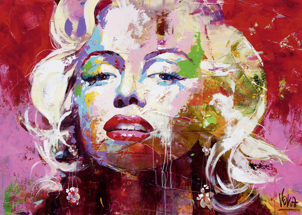 abstract heye marilyn II jigsaw puzzle painting of a woman's face with vibrant colors on a red background