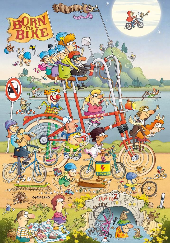Heye Take a Trip with Marino Degano 500-Piece jigsaw Puzzle of Cartoon people riding a tandem bicycle