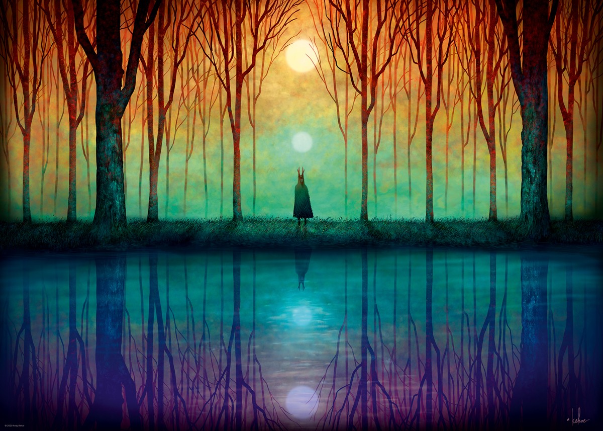 heye 1000-piece jigsaw puzzle depicting a mystical forest scene with a figure standing by a lake, reflecting the sky and trees in the water.