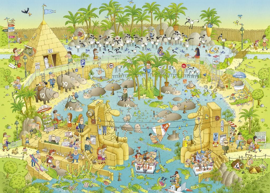A colorful illustration of the Nile River habitat with various animals, including hippos and crocodiles, and human activities such as fishing and swimming depicted on a 1000-piece jigsaw puzzle from Heye.