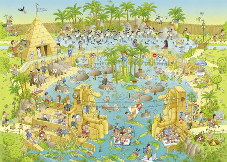 A colorful illustration of the Nile River habitat with various animals, including hippos and crocodiles, and human activities such as fishing and swimming depicted on a 1000-piece jigsaw puzzle from Heye.
