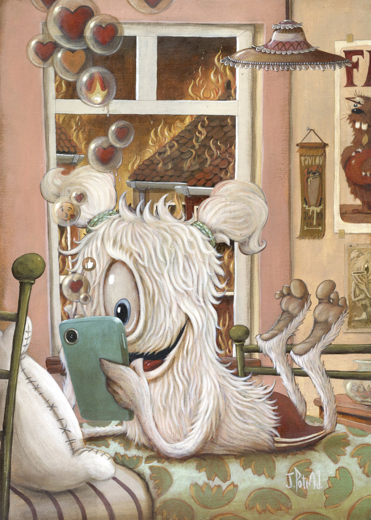 heye phony love 1000-piece vertical jigsaw puzzle of a fluffy creature using a smartphone in a room with decorative elements.