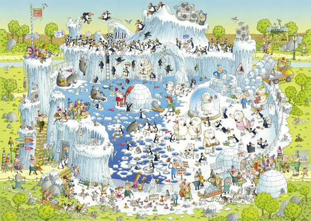 A colorful illustrated jigsaw puzzle from heye depicting various animals in a polar habitat setting.