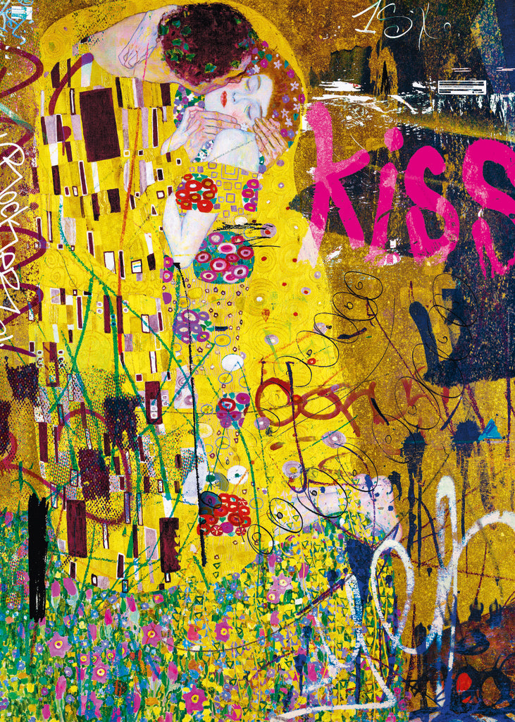 heye 1000-piece jigsaw puzzle depicting 'The Kiss' with abstract elements and text overlay.