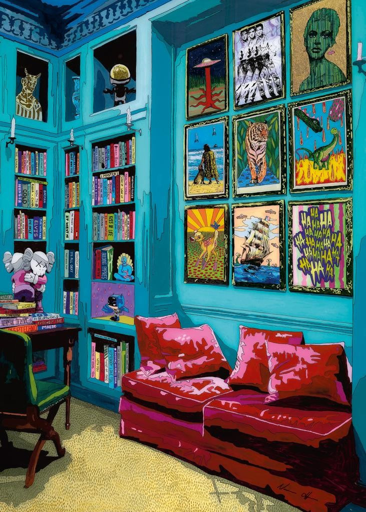 Colorful heye room with red sofa jigsaw puzzle of room with vibrant artwork on the wall and a red sofa.