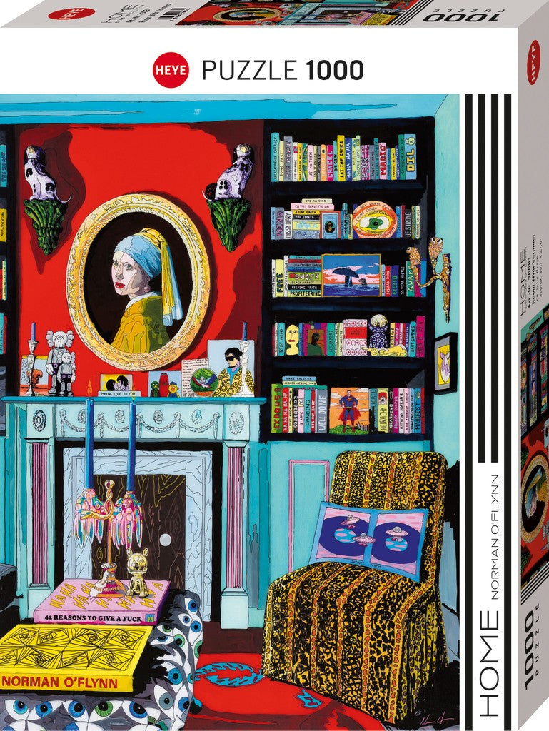 Puzzle box with colorful interior design and bookshelf scene, featuring the brand 'Heye'.