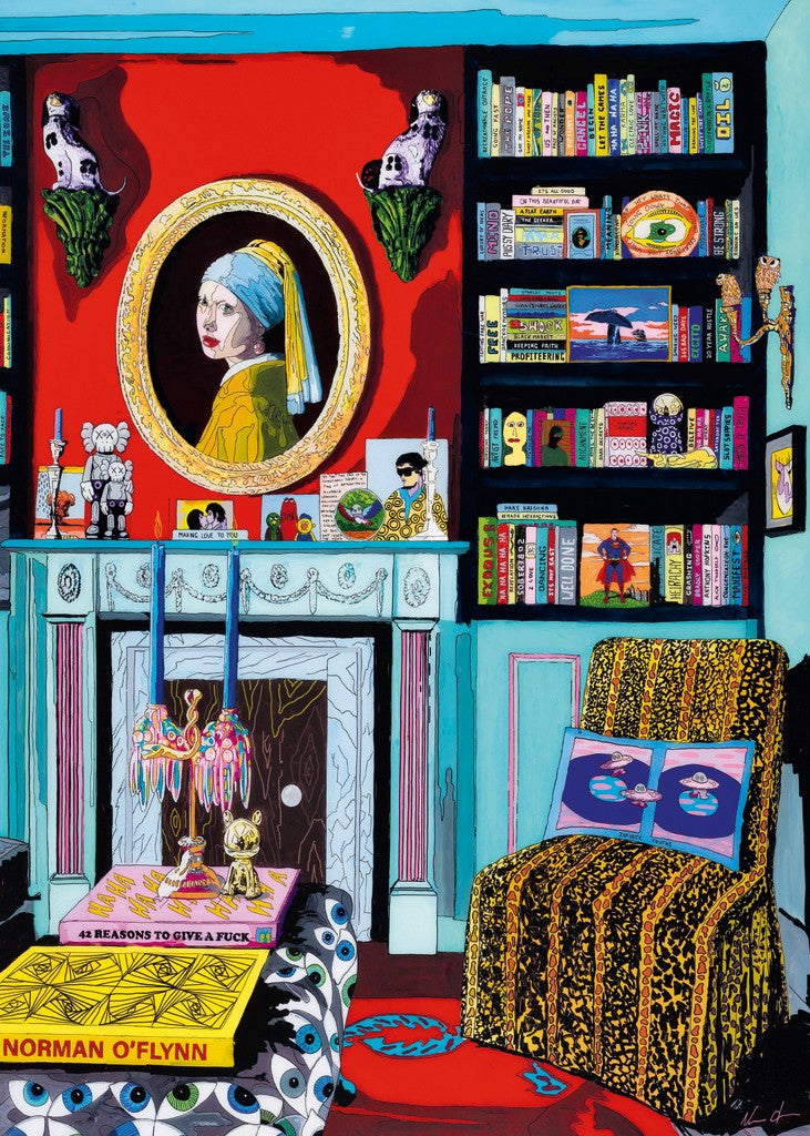 Colorful heye room with vermeer 1000-piece jigsaw puzzle of interior scene with books, a mirror, and decorative items including vermeer painting