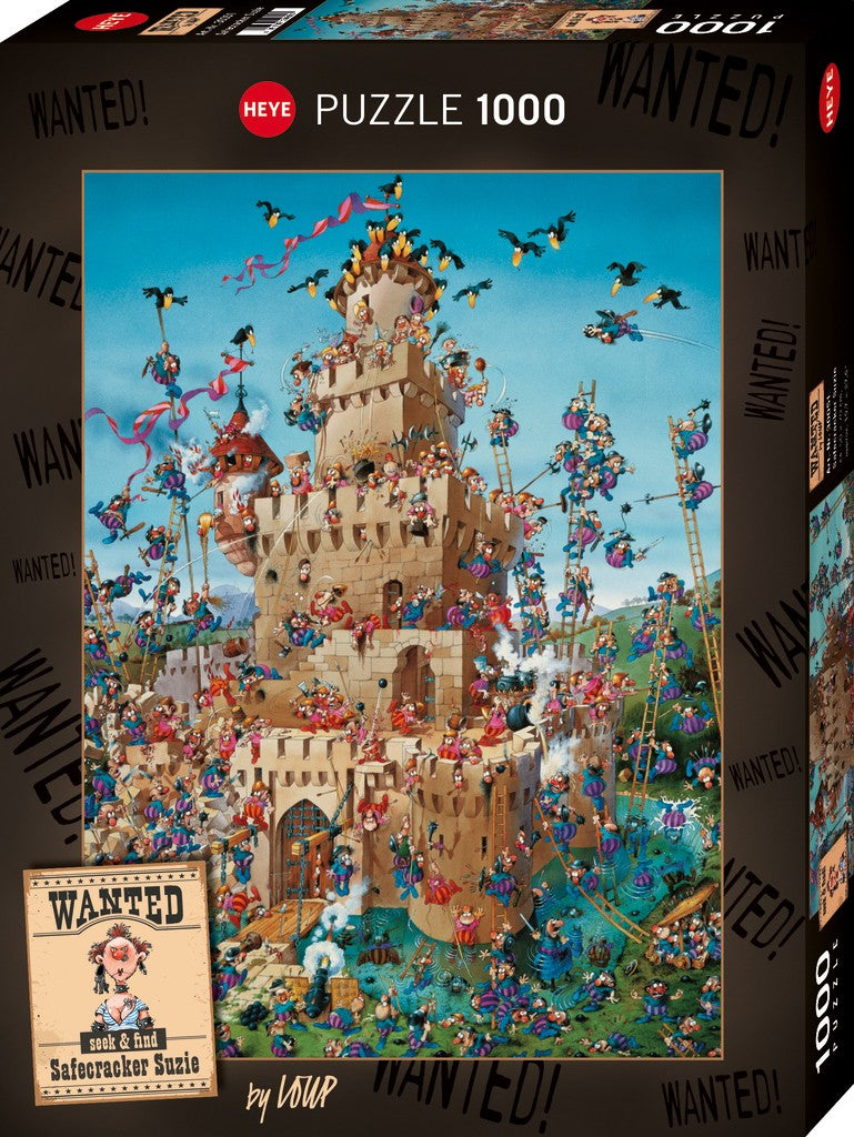 Jigsaw puzzle box with a castle design on a black background