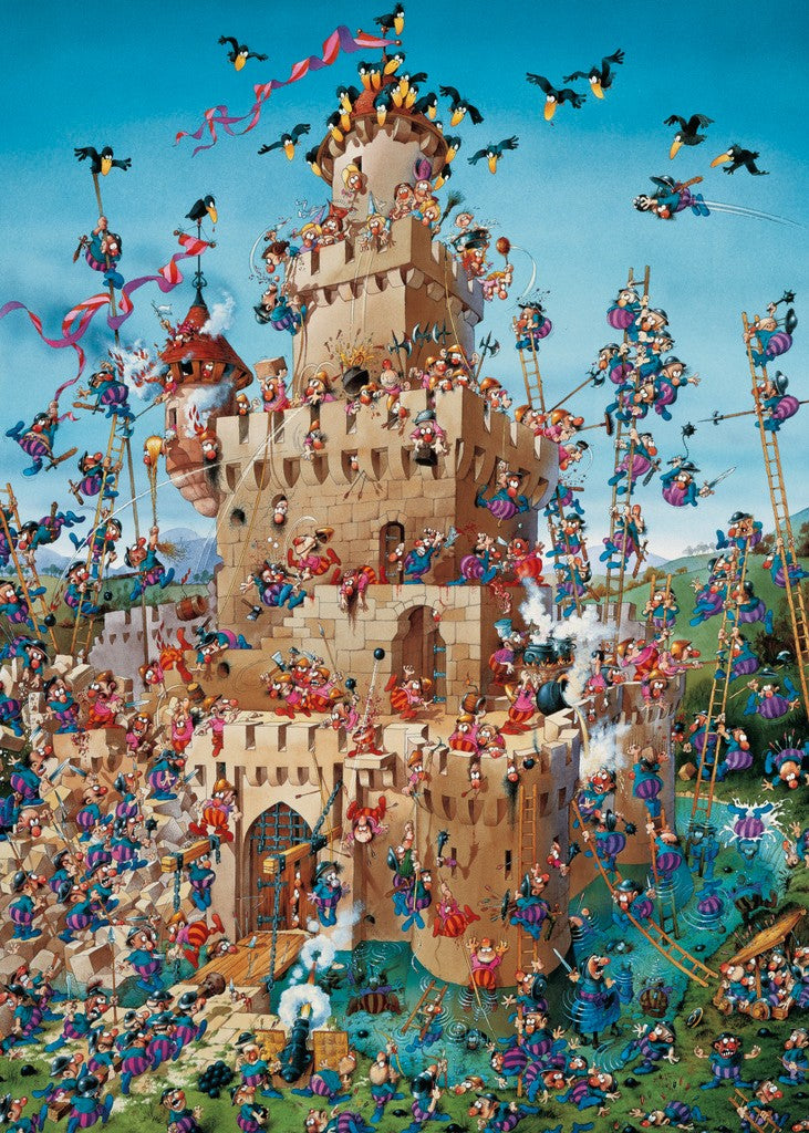 Heye Safecracker Suzie. A 1000-piece jigsaw puzzle depicting a cartoon scene with a castle and various colorful characters, birds, and elements to find and assemble. 