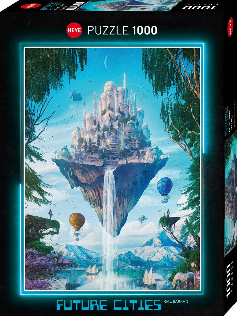 Puzzle box with a futuristic cityscape design on a blue background
