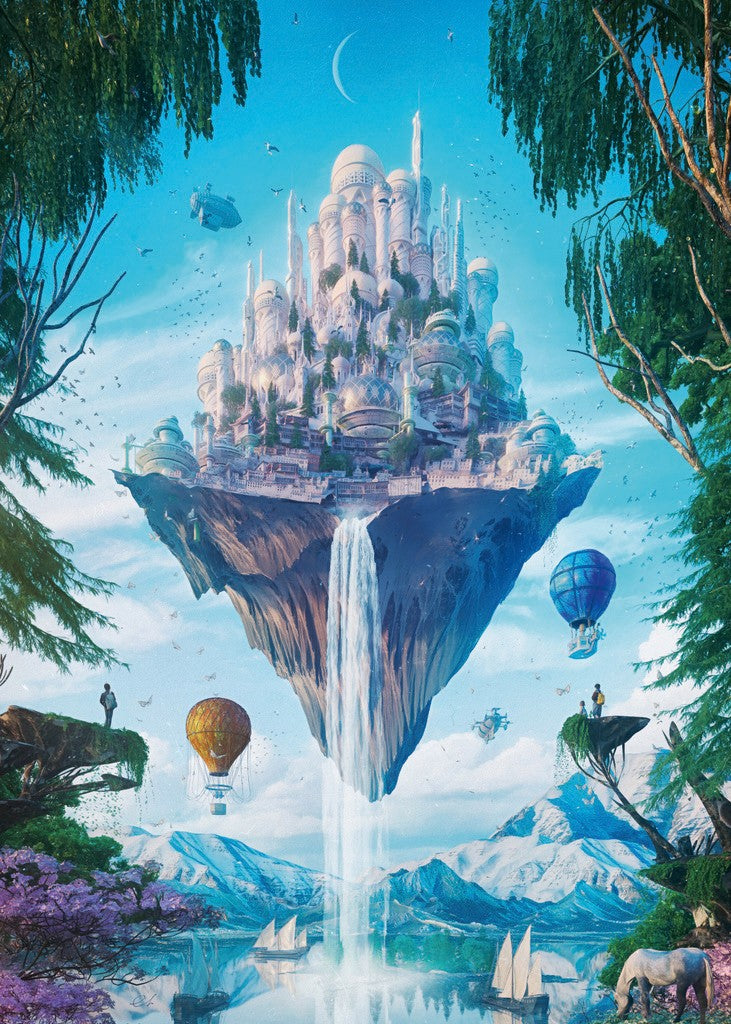 heye future cities sky isle jigsaw puzzle of Fantasy castle on a floating island with hot air balloons and nature elements.