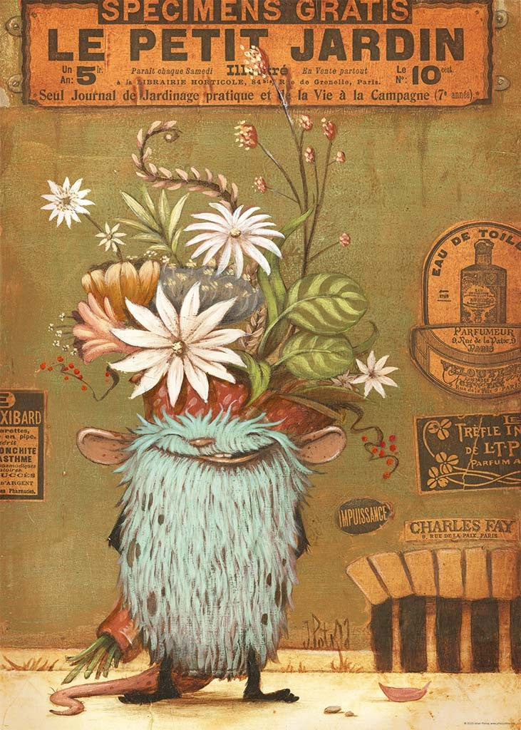 heye 1000-piece "surprise" jigsaw puzzle depicting a cartoonish character with a flower crown and a background with vintage-style graphics.