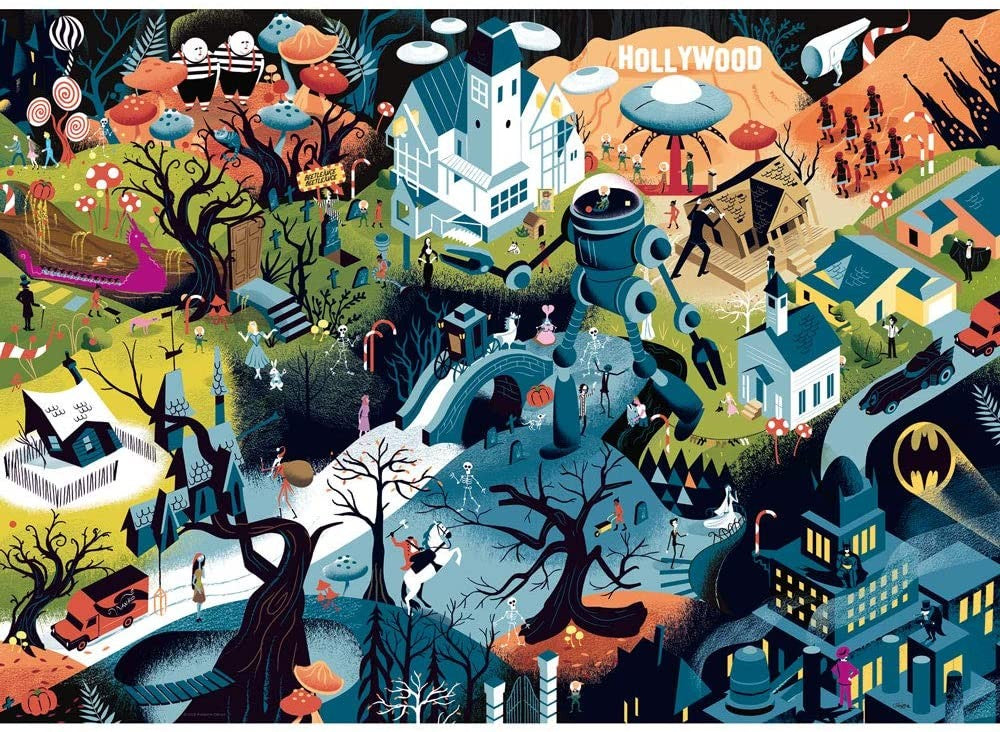 heye 1000-piece jigsaw puzzle featuring various characters and scenes from Tim Burton movies, with intricate artwork including recognizable symbols and motifs.