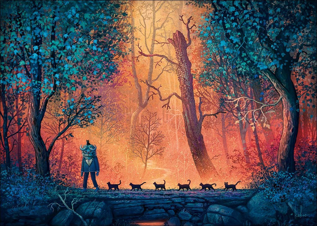 heye 1000-piece jigsaw puzzle depicting a whimsical woodland march with a person standing on a stone pathway surrounded by trees and multiple cats following.