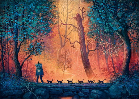 heye 1000-piece jigsaw puzzle depicting a whimsical woodland march with a person standing on a stone pathway surrounded by trees and multiple cats following.