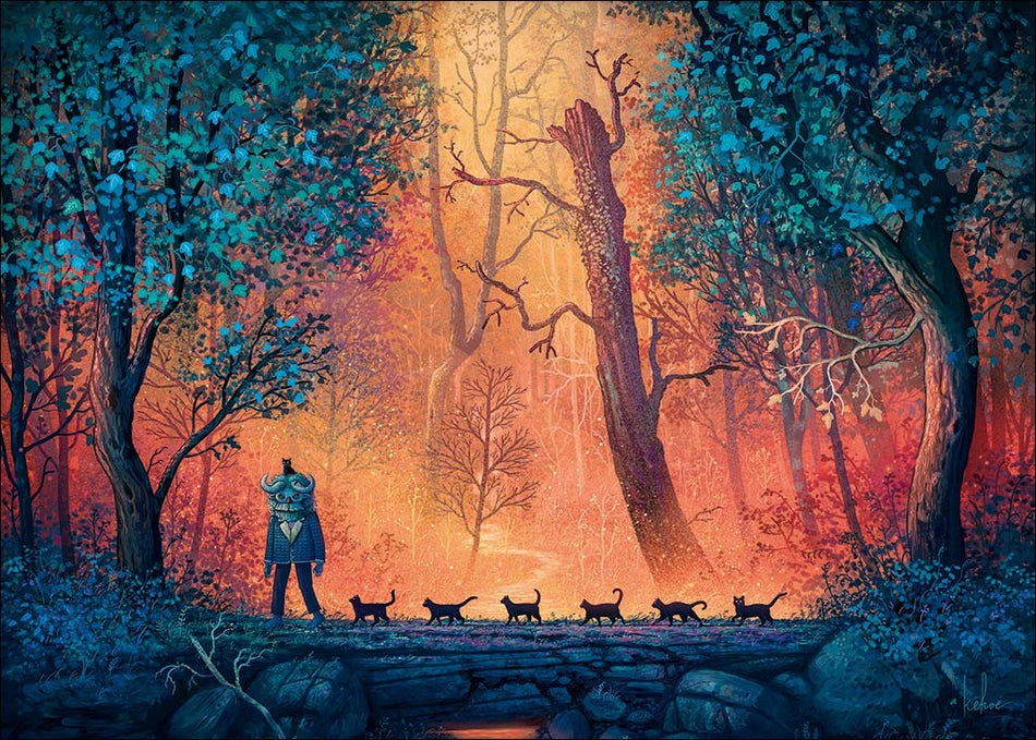 heye 1000-piece jigsaw puzzle depicting a whimsical woodland march with a person standing on a stone pathway surrounded by trees and multiple cats following.