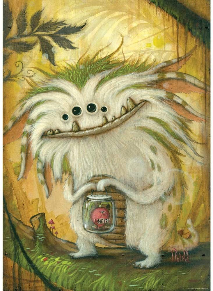 Heye 1000-piece jigsaw puzzle depicting a cartoonish monster with green and white fur, strong teeth, and holding a vegetable in its hand, set against a background with leaves and a yellow hue