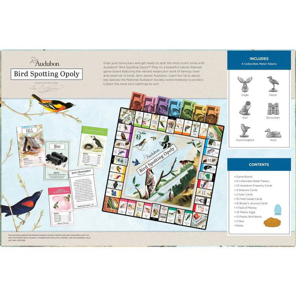 Audubon Bird Spotting Opoly board game packaging with game pieces and cards.