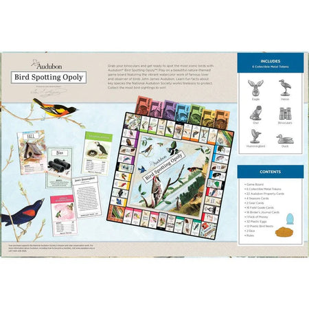 Audubon Bird Spotting Opoly board game packaging with game pieces and cards.