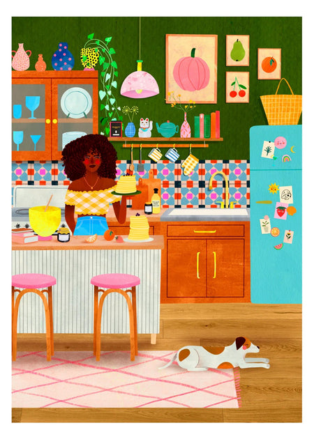 holiyay pancake day 1000-piece jigsaw puzzle of a woman in a colorful kitchen with a dog on the floor.