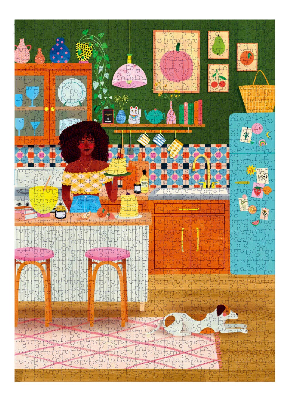 holiyay 1000-piece jigsaw puzzle pancake day of a woman in a colorful kitchen with a dog on the floor.