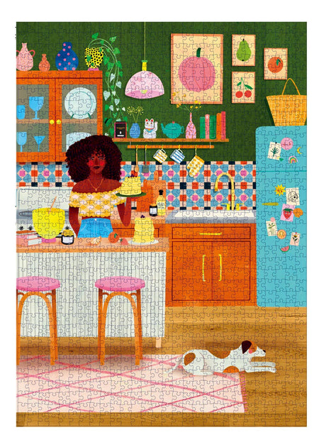 holiyay 1000-piece jigsaw puzzle pancake day of a woman in a colorful kitchen with a dog on the floor.