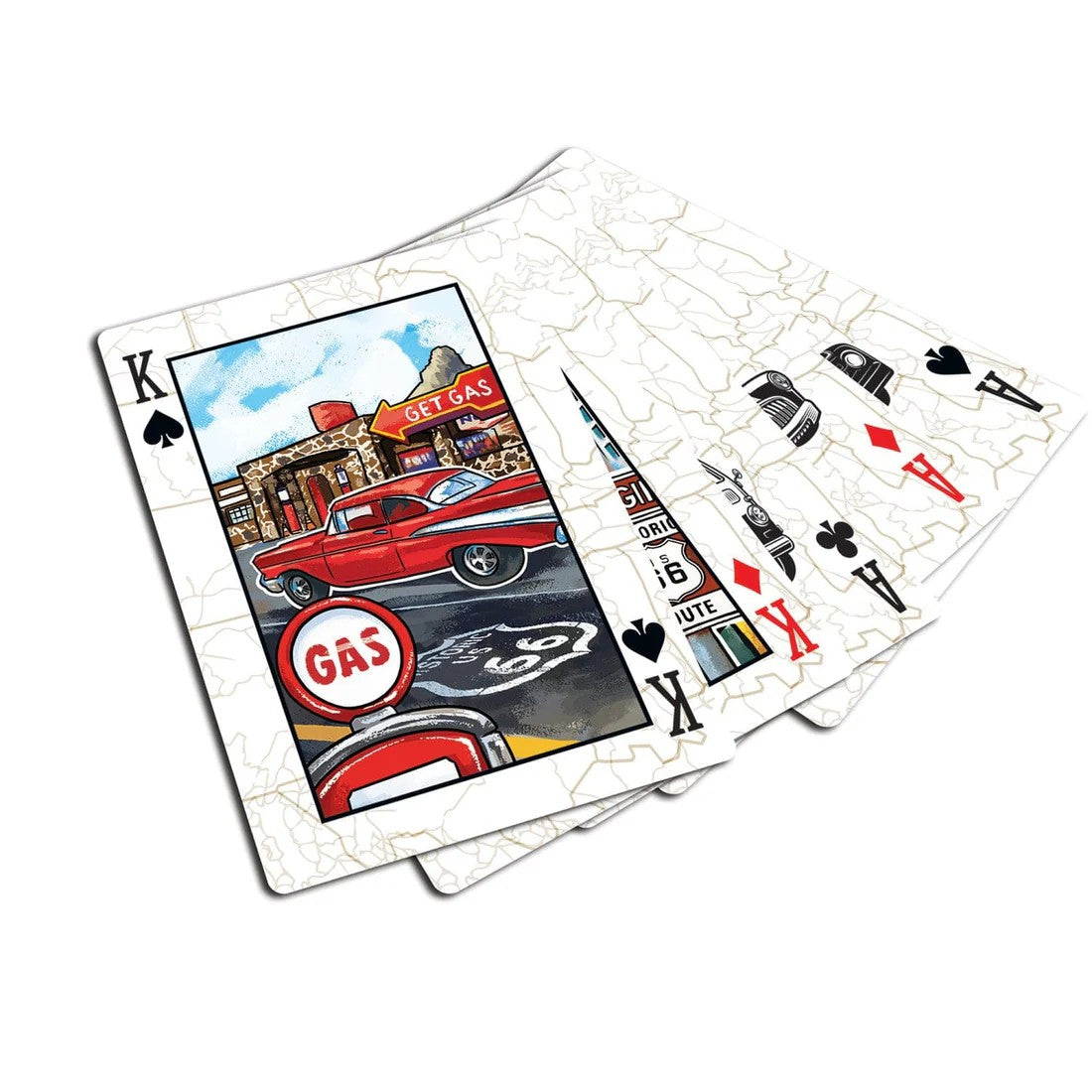 Playing cards with vintage gas station design on a white background