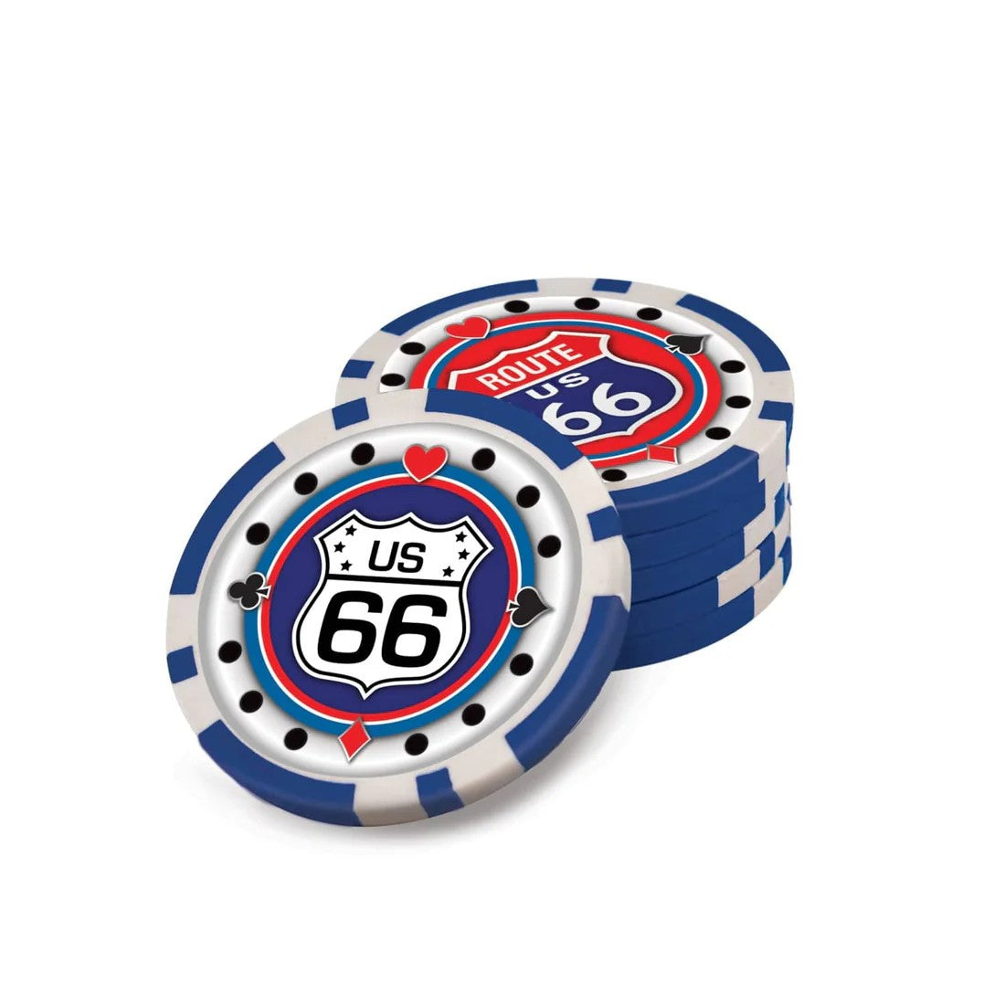 Three poker chips with Route 66 design on a white background