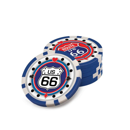 Three poker chips with Route 66 design on a white background