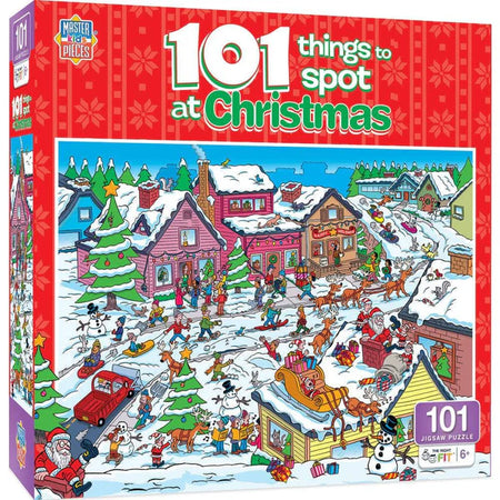 masterpieces kids Jigsaw puzzle box titled '101 Things to Spot at Christmas' with a festive winter scene on the cover.