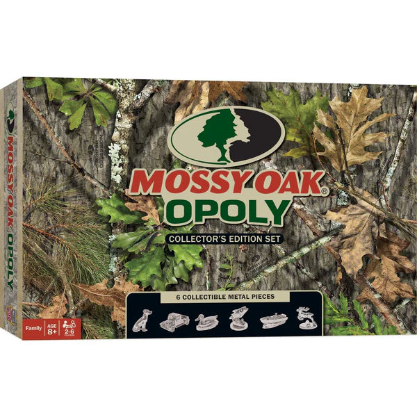 MasterPieces Mossy Oak Opoly board game box with camouflage design and collectible metal pieces.