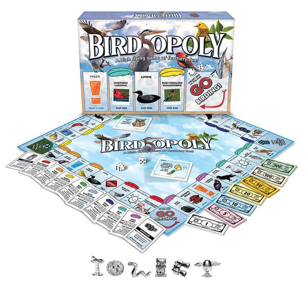 Board game set with 'Bird Opoly' title, including board, cards, and pieces on a white background