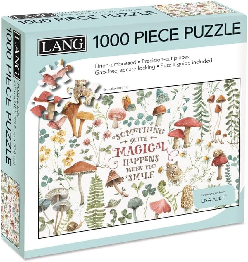Lang 1000-piece jigsaw puzzle "cottage core" box featuring whimsical woodland illustrations including mushrooms, flowers, a fox, and a owl, with the phrase 'Something is quite magical happens when you smile.'.