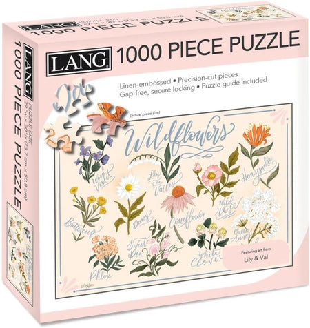 A Lang 1000-piece jigsaw puzzle box titled 'Wildflowers,' showing a floral illustration on the front with the brand name Lang and product details.