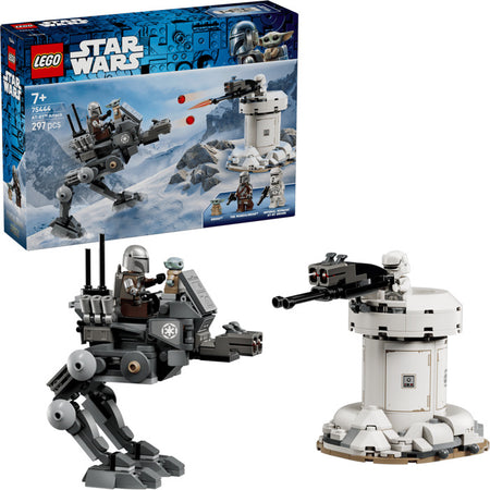 LEGO Star Wars set 75444 with two models and minifigures including grogu and mandalorian.
