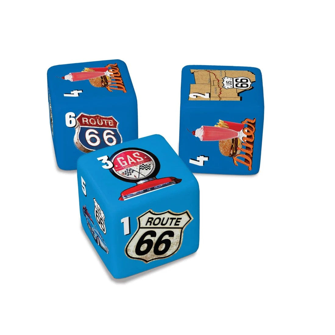 Blue dice with Route 66 and gas station graphics on a white background