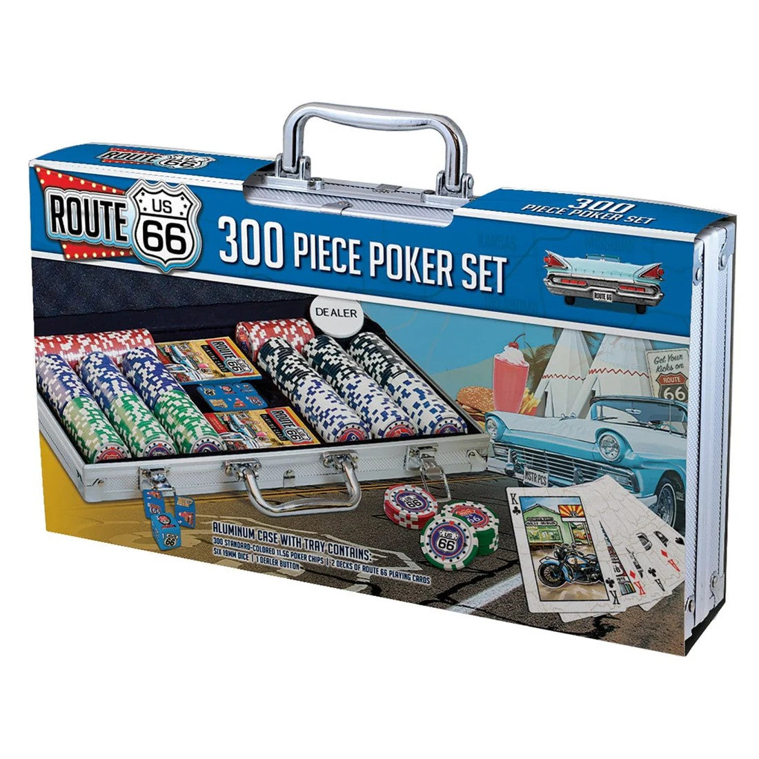 masterpieces Route 66 300-piece poker set packaging with poker chips, cards, and a car illustration.