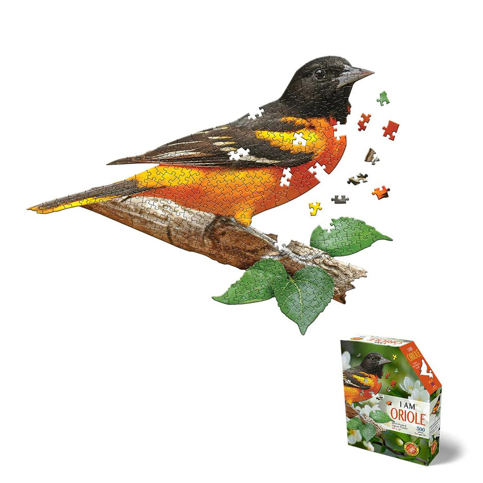 madd capp i am Oriole 300-piece Jigsaw puzzle of an oriole bird sitting on a branch with packaging on a white background