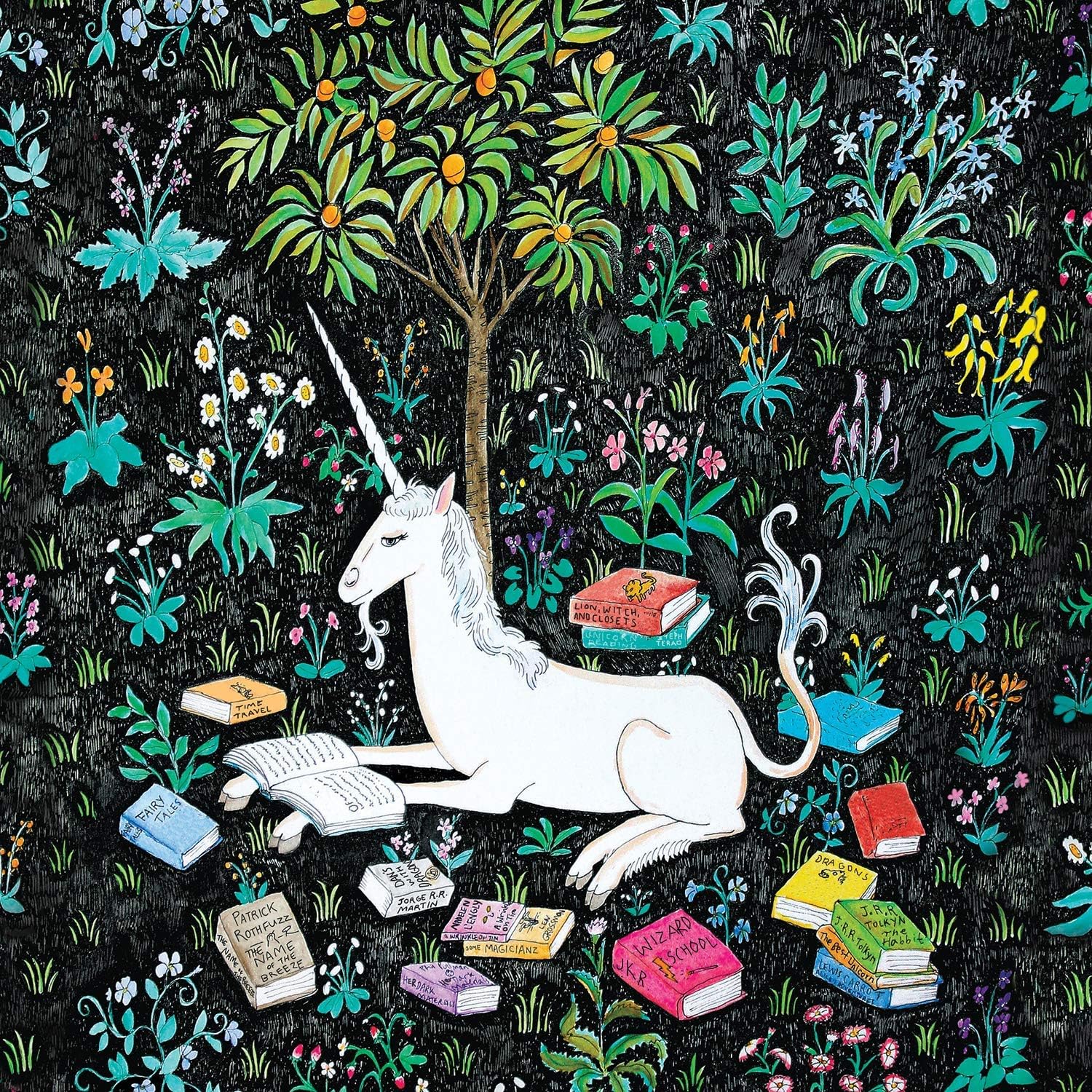 Unicorn surrounded by books and colorful flowers on a dark background. a mudpuppy jigsaw puzzle.